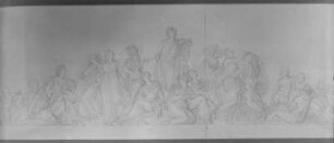 Zweiter Entwurf zum Nordgiebel (Mittelfeld des Giebels) : Rietschel, Ernst. Nordgiebel des Berliner Opernhauses: "Die Musik zwischen Ballett und Oper". Zweiter Entwurf zum Nordgiebel (Mittelfeld des Giebels). Bleistift auf cremeweißem Velin; 26,3 x 82,8 cm. November 1843. Privatbesitz. WVZ 285 a/b