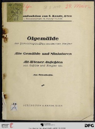 Versteigerung von Gemälden der hervorragendsten modernen Meister : alte Gemälde und Miniaturen, Alt-Wiener Ansichten von Schütz und Ziegler etc ; aus Privatbesitz ; Versteigerung: 29. März 1924 (Katalog Nr. 68)