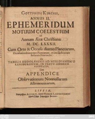 2: Cum Appendice Observationum Nonnullarum Astronomicarum