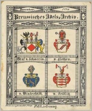 Vier Wappen preußischer Adelsfamilien: Graf von Schwerin, von Seydlitz, von Winterfeldt, von Zieten