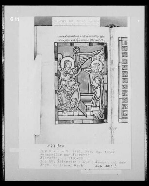 Ms 10527, Evangeliar aus Floreffe, fol. 55v: Die drei Frauen und der Engel am leeren Grab Christi
