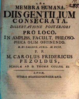 Membra humana, diis gentilium consecrata : dissertatio posterior