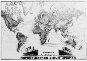 Weltkarte der Post- und Schnelldampfer-Linien des Norddeutschen Lloyd : Technikgeschichte | Reisen des norddeutschen Lloyd-Bremen | Von der Nordseeküste nach dem fernen Osten