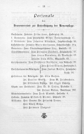 Personale des Frauenvereins zur Unterstützung der Armenpflege.