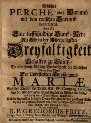 Wälsches Perche ... : Dankrede zu Ehren der allerheiligsten Dreyfaltigkeit
