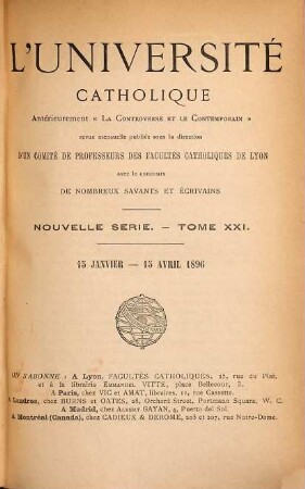 L' Université catholique. 21. 1896