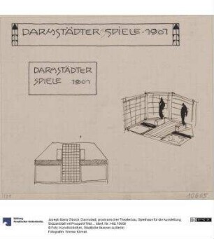 Darmstadt, provisorischer Theaterbau, Spielhaus für die Ausstellung, Skizzenblatt mit Prospekt-Titeln sowie Grundriss und Perspektive einer Bühnendekoration
