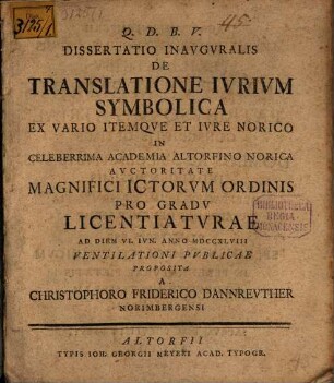 Diss. inaug. de translatione iurium symbolica ex vario, itemque et iure Norico