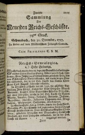 78tes Stuck. Schwabach, den 30. December, 1757.