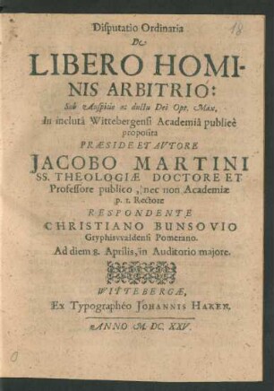 Disputatio Ordinaria De Libero Hominis Arbitrio