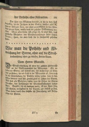 Wie man die Polhöhe und Abweichung der Sterne, ohne auf die Strahlenbrechung setzen zu dürfen, finden könne.