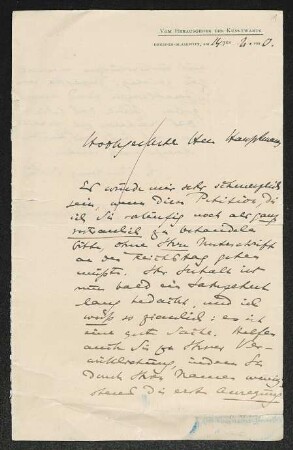 Brief von Ferdinand Avenarius von Der Kunstwart  an Gerhart Hauptmann