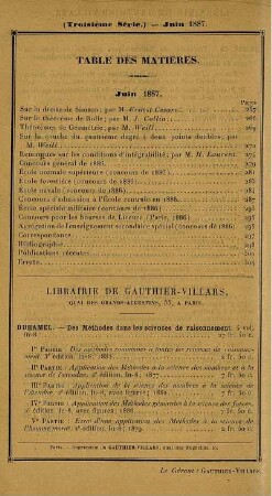 Table des matières. Juin 1887.