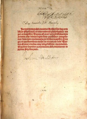 Textus abbreviatus Aristotelis super octo libris Physicorum