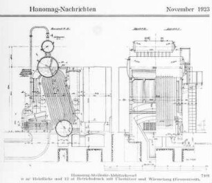 Steilrohr-Abhitzekessel, Schnitt (Hanomag, Hannover), 1923 : Technikgeschichte | Maschinenbau | Kraftmaschinen | Dampfkesselalagen, Feuerungen