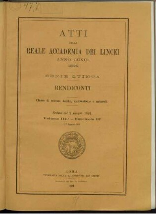 Seduta del 2 Giugno 1894. Volume III. - Fascicolo 11.