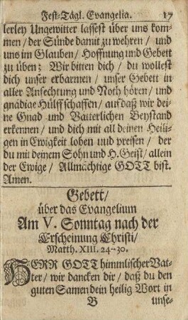 Gebett über das Evangelium Am V. Sonntag nach der Erscheinung Christi/ ...