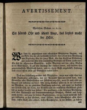 Avertissement. Wer kann die angenehmen und erfreulichen Wahrheiten läugnen, daß ein Gott sey, ...