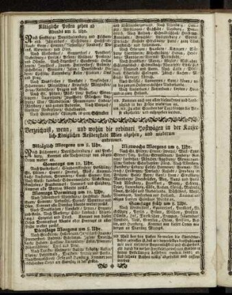 Verzeichniß, wenn, und wohin die ordinari Postwägen in der Kaiserlich-Königlichen Residenzstadt Wien abgehen, und wiederum ankommen.