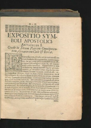 Articulus I. Credo in Deum Patrem Omnipotentem, Creatorem Coeli & Terrae.