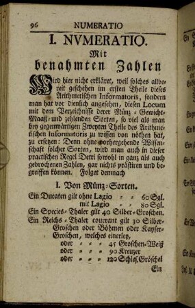 I. Numeratio. Mit benahmten Zahlen.