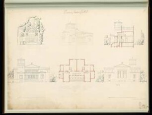 Krankenhaus Monatskonkurrenz August 1852: Grundriss Erdgeschoss, Obergeschoss, Aufriss Vorderansicht, Seitenansicht, perspektivische Ansicht; 2 Maßstabsleisten, Raumplan