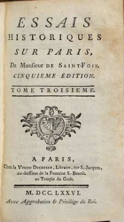 Essais historiques sur Paris de monsieur de Saintfoix, 3