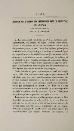 Mémoire sur l'emploi des imaginaires dans la géométrie de l'espace.