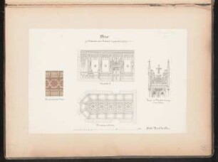 Täfelung eines Kabinetts Monatskonkurrenz Dezember 1860: Grundriss Deckenuntersicht, Aufriss Wand, Detail Türbekrönung, Ausschnitt der Decke; Maßstabsleiste