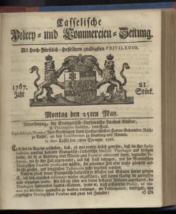 21. Stueck, Montag den 25ten May 1767
