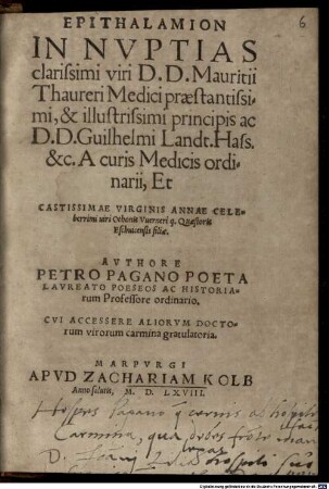 Epithalamion in nuptias Mauritii Thaureri