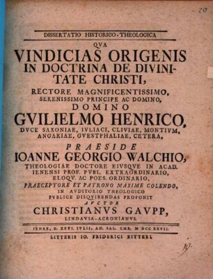Diss. hist. theol. qua vindicias Origenis in doctrina de divinitate Christi