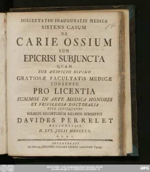 Dissertatio Inauguralis Medica Sistens Casum De Carie Ossium Cum Epicrisi Subjuncta