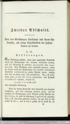 Zweiter Abschnitt. Von den Gleichungen überhaupt und ihrem Gebrauche, um einige Eigenschaften der Zahlen kennen zu lernen