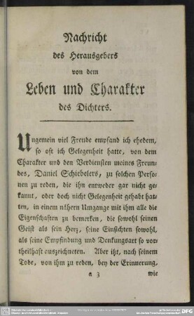 Nachricht des Herausgebers von dem Leben und Charakter des Dichters