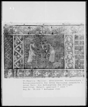 Reliquienschrein des Abtes Nanthelm (Nantelmus), Längsseite I, Detail: Enthauptung des Heiligen Mauritius
