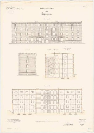 Bekleidungsamt des VII. Armeekorps, Münster: Lagerhaus: Aufriss Nordansicht, Ostansicht, Längsschnit, Querschnitt 1:100