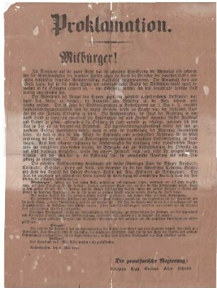 Plakat, Proklamation; Aufruf an Pfälzer Bürger; Kaiserslautern, 18. Mai 1849