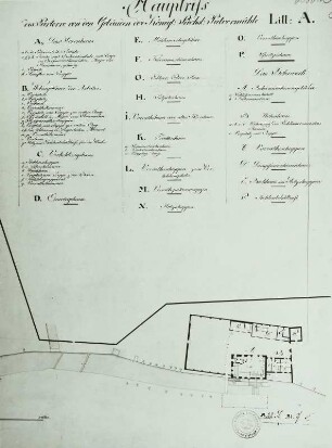 Dresden-Löbtau, Pulvermühle, Erdgeschossgrundriss und Lageplan, lavierte Federzeichnung, 1. H. 19. Jh.