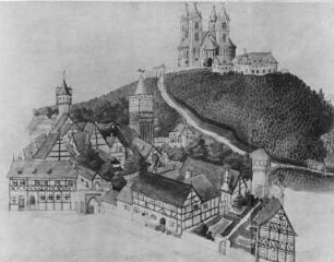 Einzelnes Blatt aus der Chronik des Zacharias Garcäus von 1582; Blick auf die Altstadt Brandenburgs und den Harlunger Berg mit Marienkirche und den benachbarten Klostergebäuden. — Einzelnes Blatt aus der Chronik des Zacharias Garcäus von 1582; Blick auf die Altstadt Brandenburgs und den Harlunger Berg mit Marienkirche und den benachbarten Klostergebäuden.
