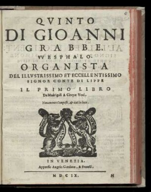 Johann Grabbe: Il primo libro de madrigali a cinque voci ... Quinto