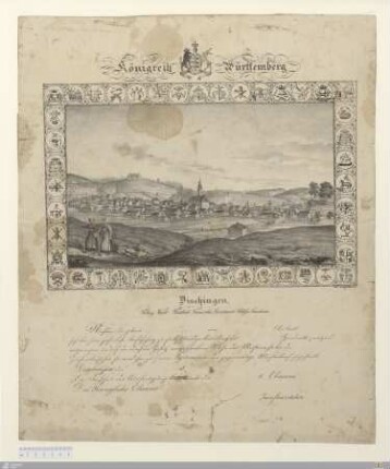 Königreich Württemberg, Dischingen, Koenigl. Württ. Fürstlich Taxis'sches Bezirksamt Schloss Neresheim : [Handwerksbrief, NN, Dischingen, 18XX]; Nachdem der gelernte ... von ... Ober Amts ... sich über seine ... Befähigung zu ... Ausübung des ... Handwerks ... ausgewiesen, und ... das Meisterrecht ... erlangt hat, so wird ihm ... der gegenwärtige Meisterbrief zugestellt; Dischingen den ... 18... ...