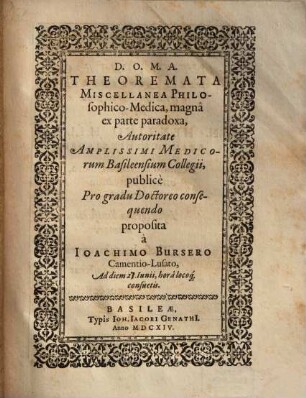 Theoremata Miscellanea Philosophico-Medica, magnâ ex parte paradoxa