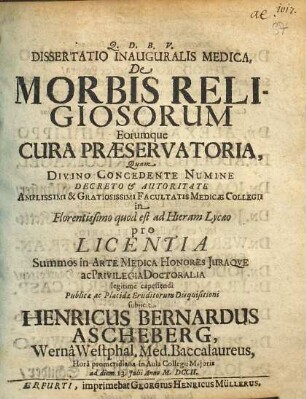 Dissertatio Inauguralis Medica, De Morbis Religiosorum Eorumque Cura Praeservatoria