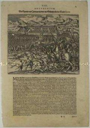 Schlacht um die Stadt Cuzco zwischen Spaniern und Indianern - Illustration aus de Bry, Große und Kleine Reisen (Peru XIII/13)