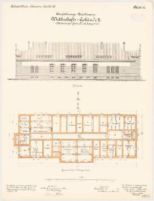 Feldartilleriekaserne, Halle/Saale: Wirtschaftsgebäude II: Grundriss Keller, Aufriss Südansicht 1:100