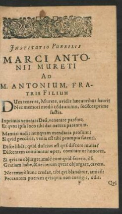 Institutio Puerilis Marci Antonii Mureti Ad M. Antonium, Fratris Filium