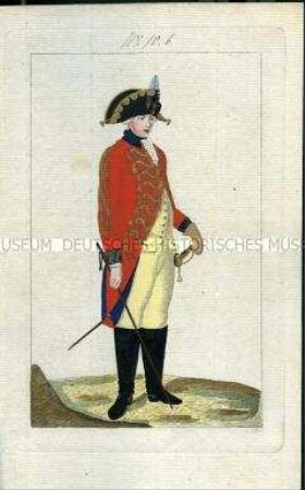 Uniformdarstellung, Offizier des Kürassier-Regiments K 10 in Gala-Uniform, Königreich Preußen, 1789, Tafel aus: Horvath: Preussische Armee-Uniformen unter der Regierung Friedrich Wilhelm II.