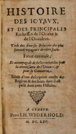 Histoire des Joyaux et des principales Richesses de l'orient et de l'occident