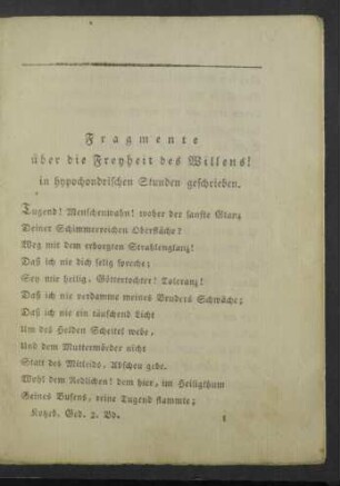 Fragmente über die Freyheit des Willens.